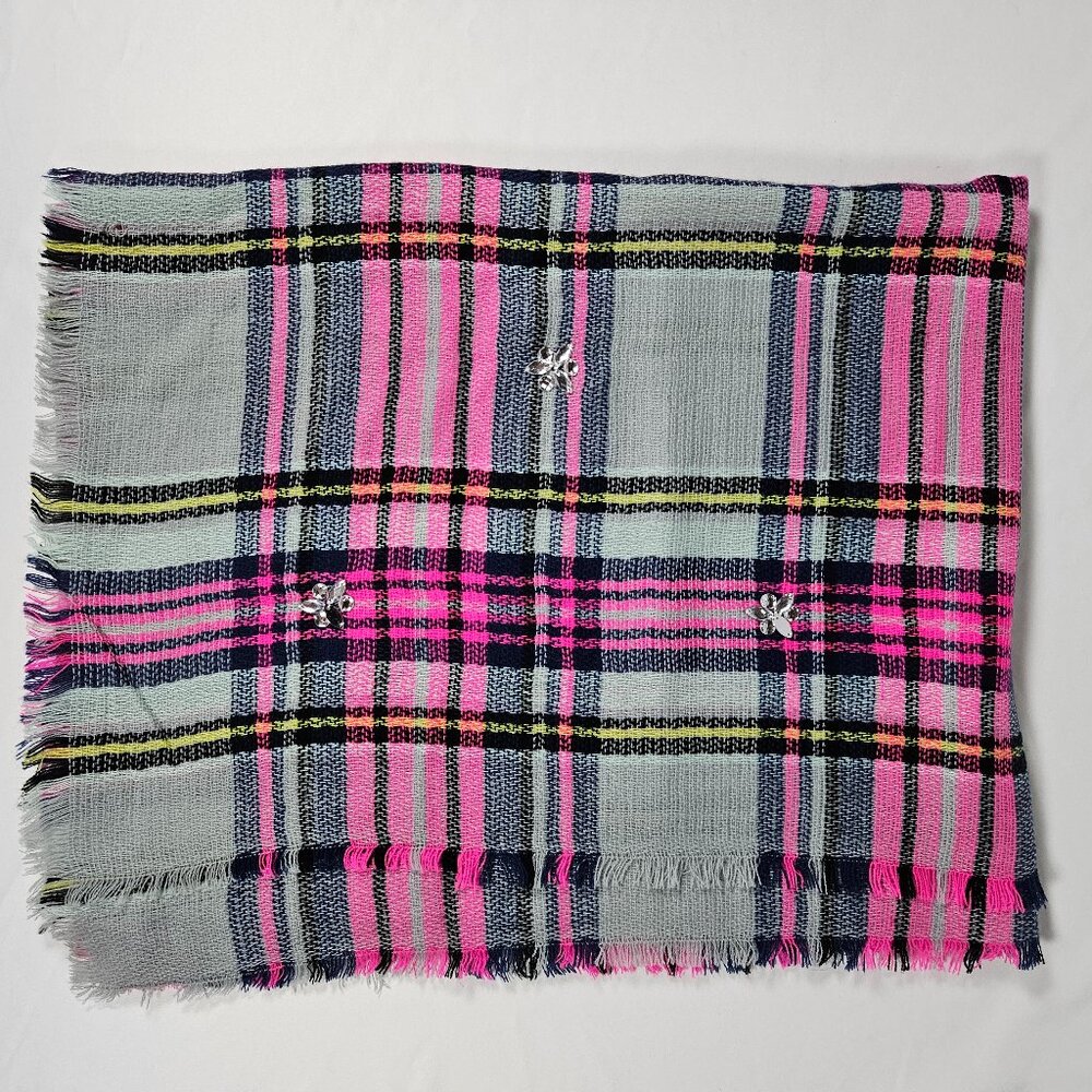 Betsey Johnson Plaid Rhinestone Scarf Oversized Gray Pink